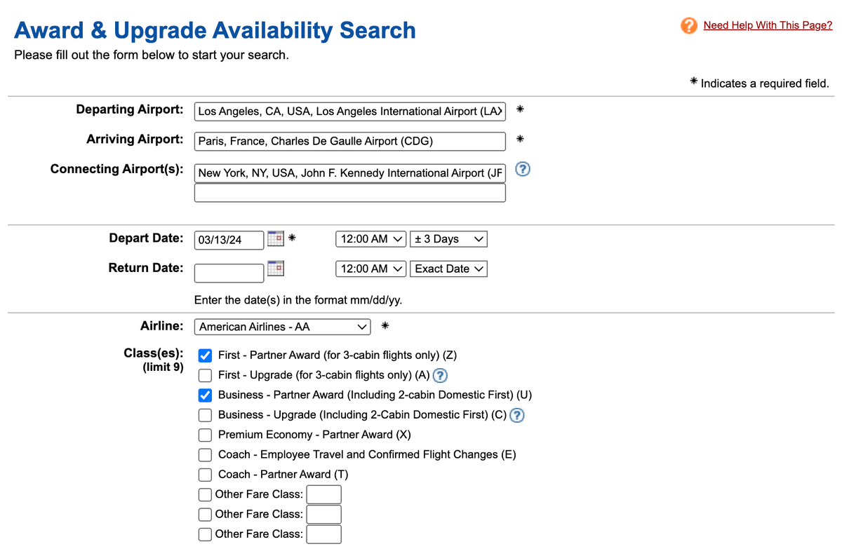 ExpertFlyer AA connecting search options
