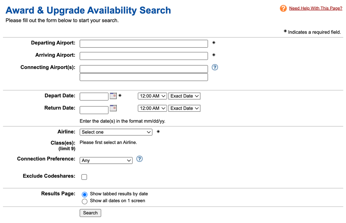ExpertFlyer award and upgrade search page