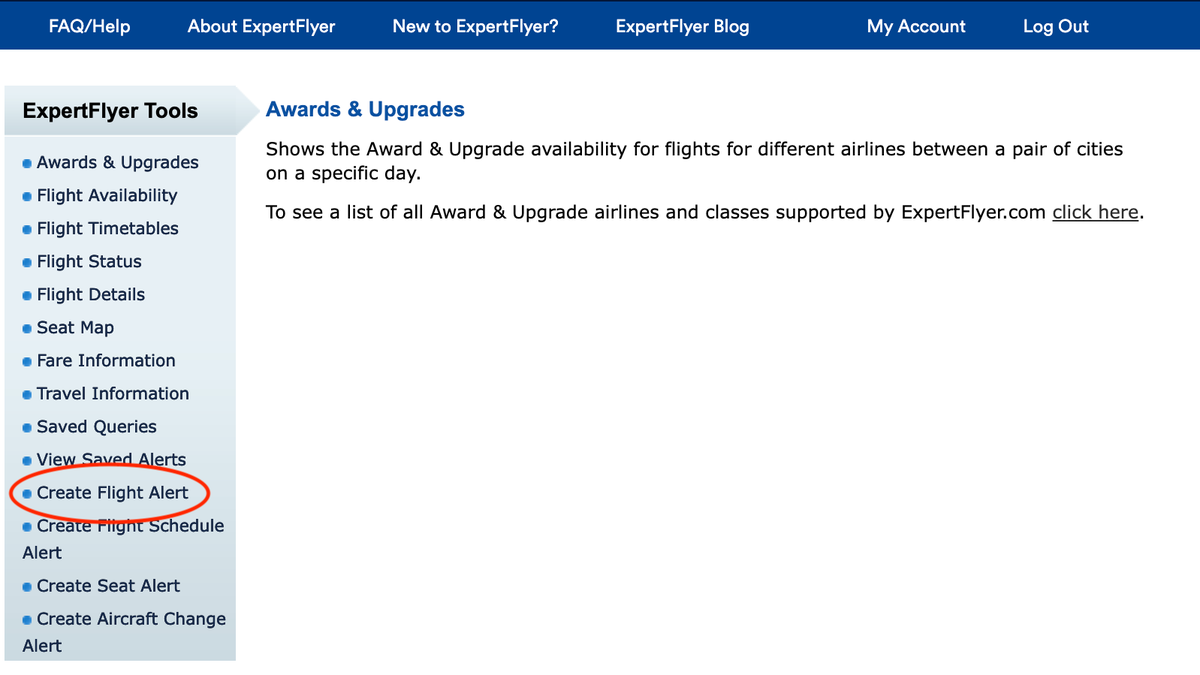 ExpertFlyer home screen create flight alert