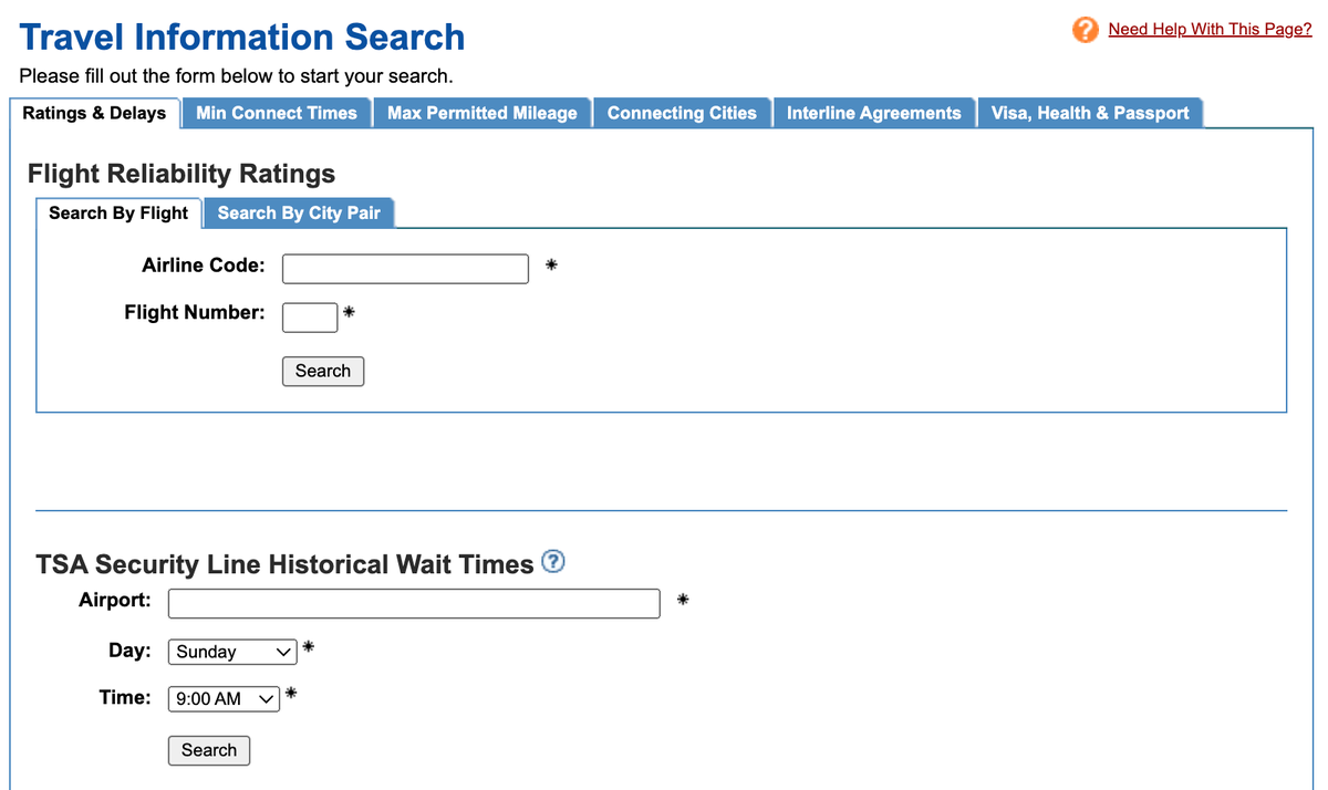 ExpertFlyer travel information search page
